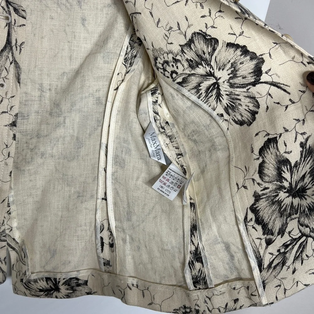 MaxMara Sz 8 Cream Black 100% Linnen Unlined Front Button Blazer Jacket Top